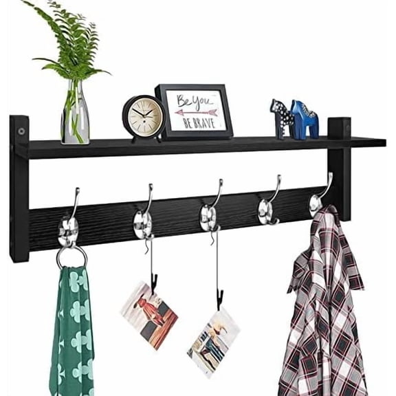 Coat Rack Wall Mount with Shelf, 24" Long Entryway Shelf with Hooks Underneath, Wooden Coat Hanger for Hanging Hats, Bathroom Towels, Clothes, Black