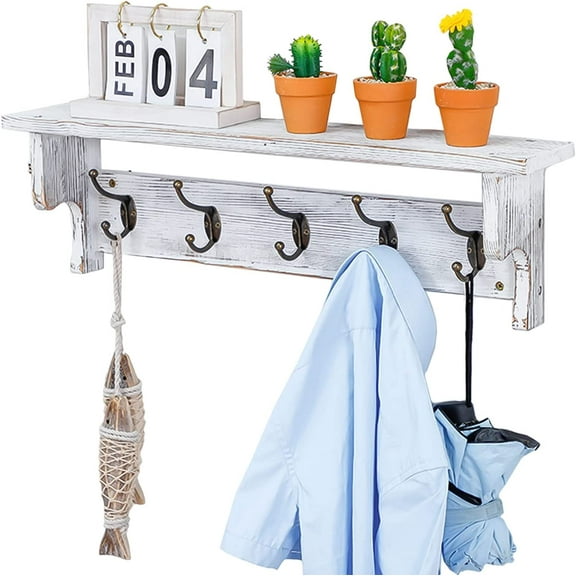 Coat Rack Wall Mount with Shelf, 26 Inch Rustic Wooden Entryway Shelf with 5 Hanger Hooks, Farmhouse Mounted Solid Pine Floating Wall Hook Rack Shelf for Kitchen Bathroom Mudroom Laundry Living Room