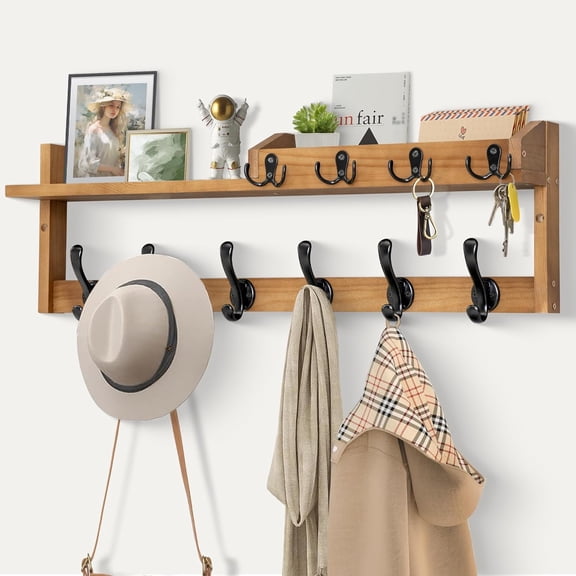 Coat Rack Wall Mount with Shelf, 27.5" Entryway Wall Hanging Shelf, Coat and Key Hanger with 10 Dual Hooks, Mail Organizer and Key Holder Hat Rack for Wall, Wood Coat Hooks with Storage