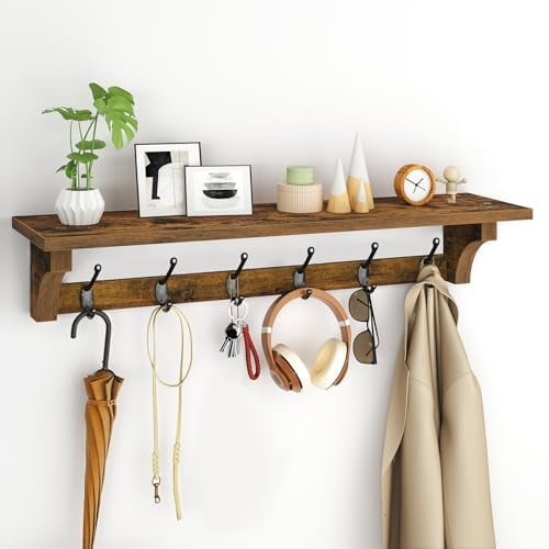 Coat Rack Wall Mount Shelf, 29.1" Long Entryway Shelf with 6 Metal Hooks, Coat Hangers for Living Room, Farmhouse Wooden Wall Shelves for Bathroom, Bedroom, Kitchen, Rustic Brown 7401BJBF