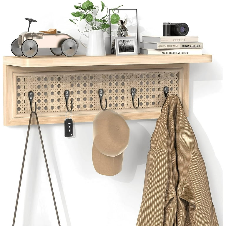 Coat Rack Wall Mount with Shelf, Boho Rattan Entryway Wall Shelf