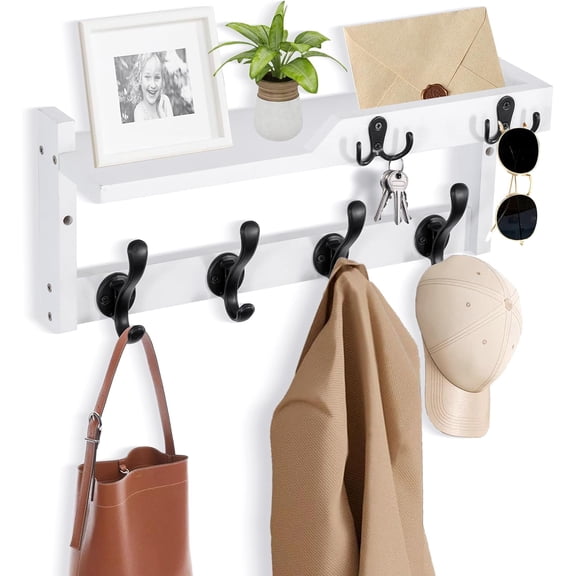 Coat Rack Wall Mount with Shelf, Coat Hanger Wall Mount with Key Hooks and Mail Holder, Wood Entryway Floating Shelf with Hooks and Storage, Hat Rack for Wall Key Holder Mail Organizer