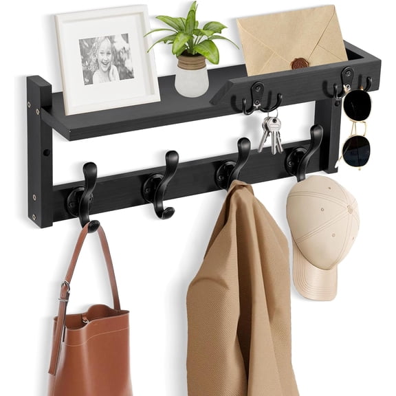 Coat Rack Wall Mount with Shelf, Coat Hanger Wall Mount with Key Hooks and Mail Holder, Wood Entryway Floating Shelf with Hooks and Storage, Hat Rack for Wall Key Holder Mail Organizer