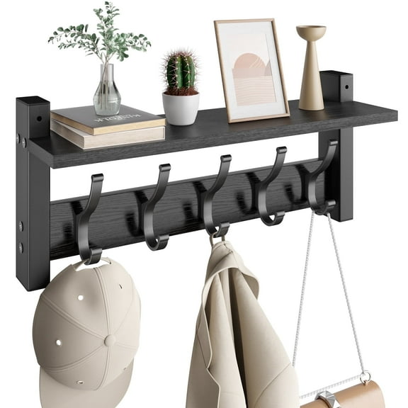 17.1 Inch Coat Rack Wall Mount with Shelf, Coat Hanger Wall Mounted with 5 Hooks, Wall Mounted Coat Racks, Wall Shelf with Hooks, Hat Rack for Entryway, Bedroom, Living Room