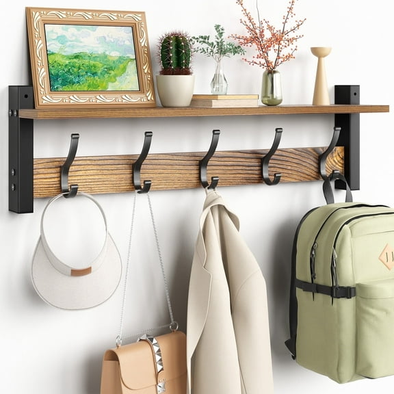 24 Inch Coat Rack Wall Mount with Shelf, Coat Hanger Wall Mounted with 5 Hooks, Wall Mounted Coat Racks, Wall Shelf with Hooks, Hat Rack for Entryway, Bedroom, Living Room