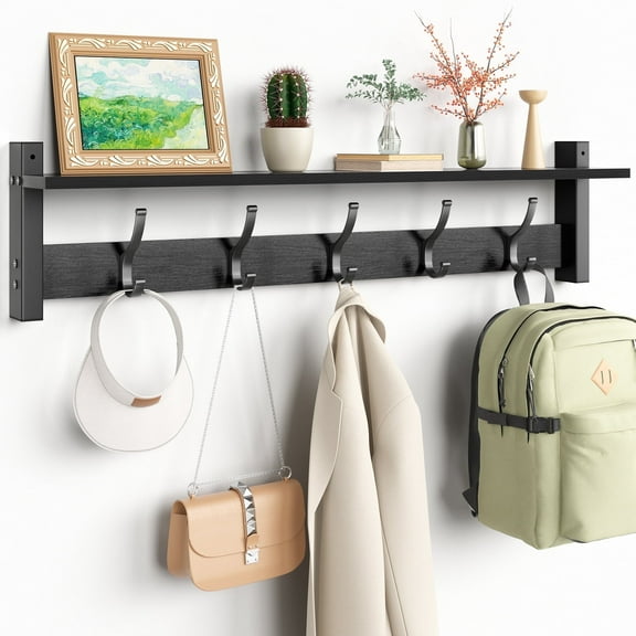 29 Inch Coat Rack Wall Mount with Shelf, Coat Hanger Wall Mounted with 5 Hooks, Wall Mounted Coat Racks, Wall Shelf with Hooks, Hat Rack for Entryway, Bedroom, Living Room