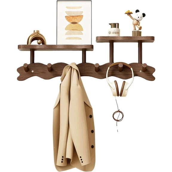 Coat Rack Wall Mount with Shelf, Wall Hanger with 6 Hooks and Floating Shelves, Wooden Coat Hook Rack for Entryway, Bedroom, Bathroom, Living Room, Rustic Wall Mounted Storage Organizer