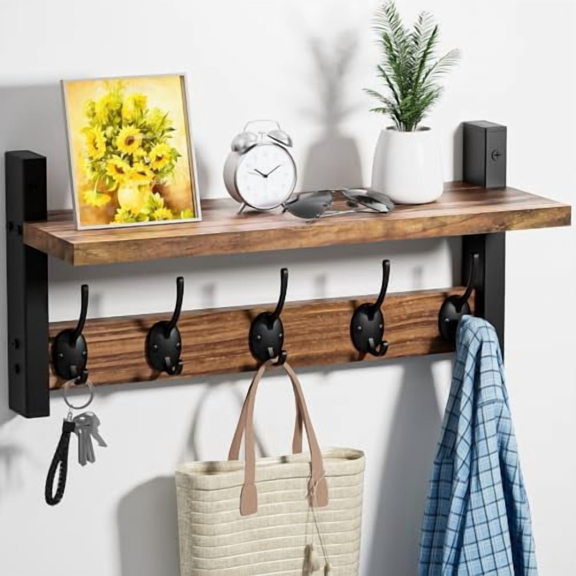 Coat Rack Wall Mount with Shelf, Wood Entryway Coat Hanger with