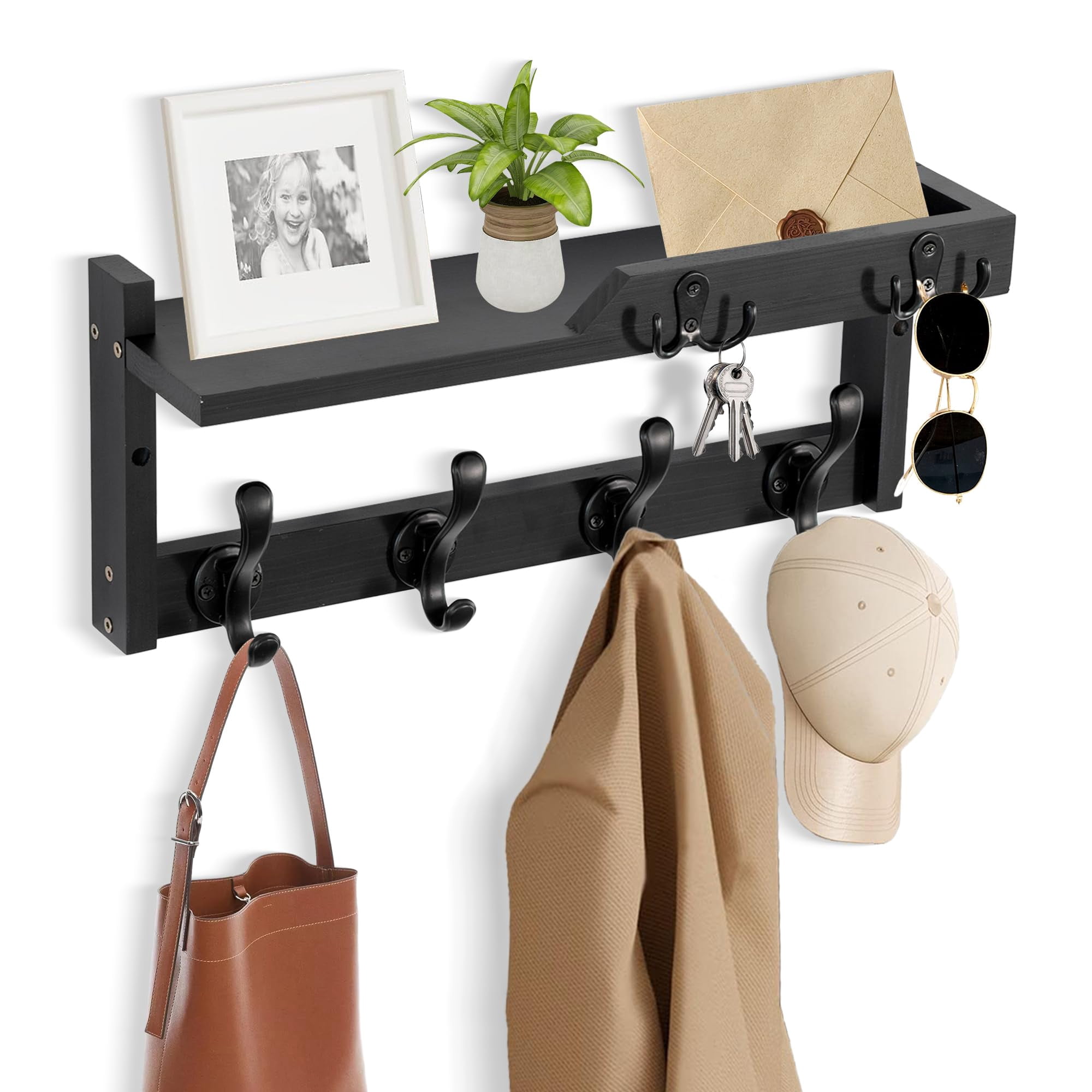 Coat Rack Wall Mount With Shelf Hanger Key Hooks And Mail Holder Wood ...
