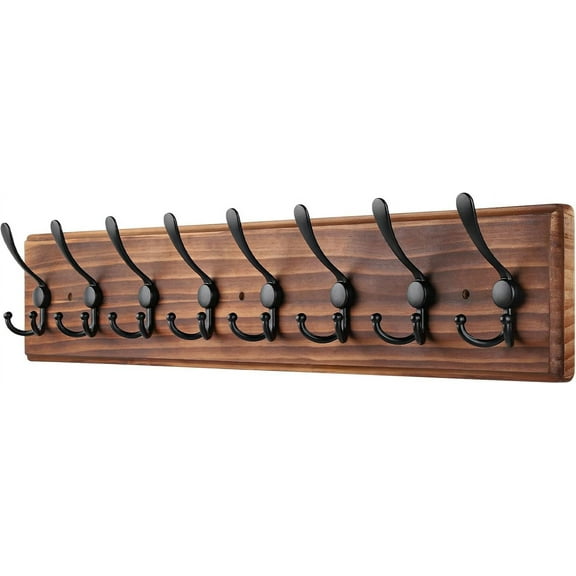 Coat Rack Wall Mount, Wooden Heavy Duty Coat Rack for Wall,8 Triple Coat Hanger Hooks for Hanging Coats,Jacket,Hat,Clothes (Brown, 8 Hooks)