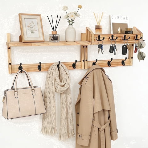 29"Coat Rack Wall Mount, Brown Pine Solid Board,With Storage Rack, 4-in-1 Wall-Mounted Coat Key Rack with 11 Hooks, Can Hang Coats, Hats, Jackets, Keys,Suitable for Bedrooms, Living Rooms