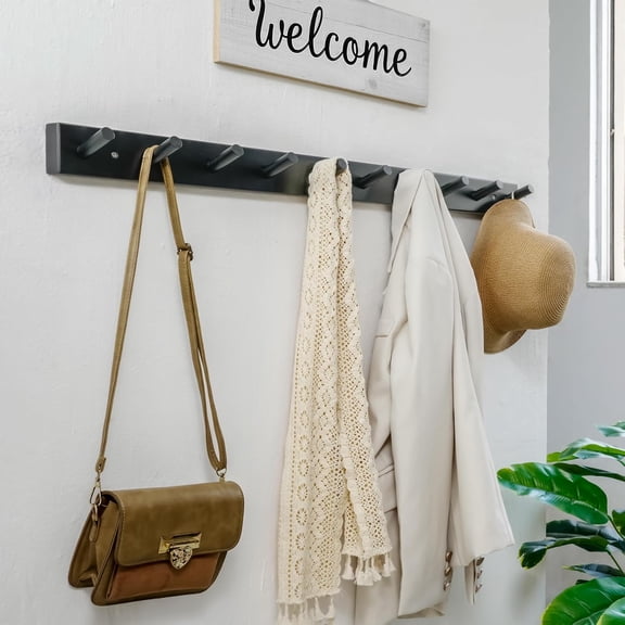 Coat Rack Wall Mounted, 10 Hooks, 38" Long Bamboo Peg Rail Hat Rack for Wall, Black