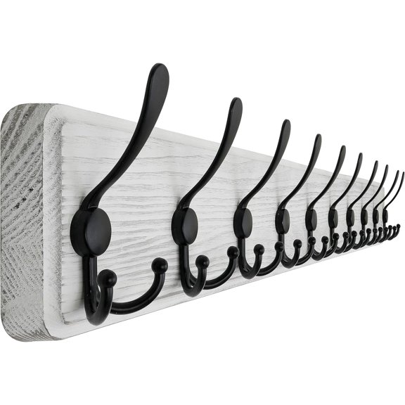 Coat Rack Wall Mounted - 38.3'' Long, Wooden, Heavy Duty, Rustic Coat Hooks for Wall, Wall Coat Rack with 10 Triple Hooks for Hanging Clothes, Jacket, Hat (Weathered White)