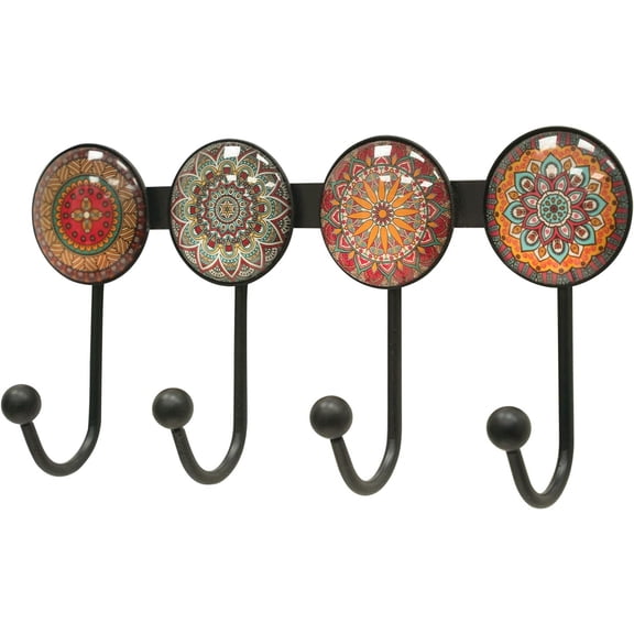 Coat Rack Wall Mounted with 4 Hooks, Round Brown Pattern Decorative Wall Hooks for Hanging Hat, Key, Towel, Purse, Bag and Robe, for Entryway Bathroom Organizer Hanger