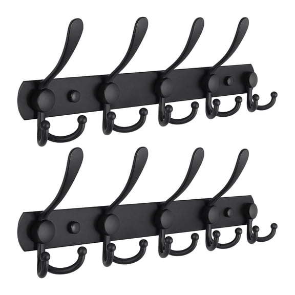 WEAIZYS Coat Rack Wall Mounted - 5 Tri Hooks, Heavy Duty, Stainless Steel, Metal Coat Hook Rail for Coat Hat Towel Purse Robes Mudroom Bathroom Entryway (Black, 2 Packs)