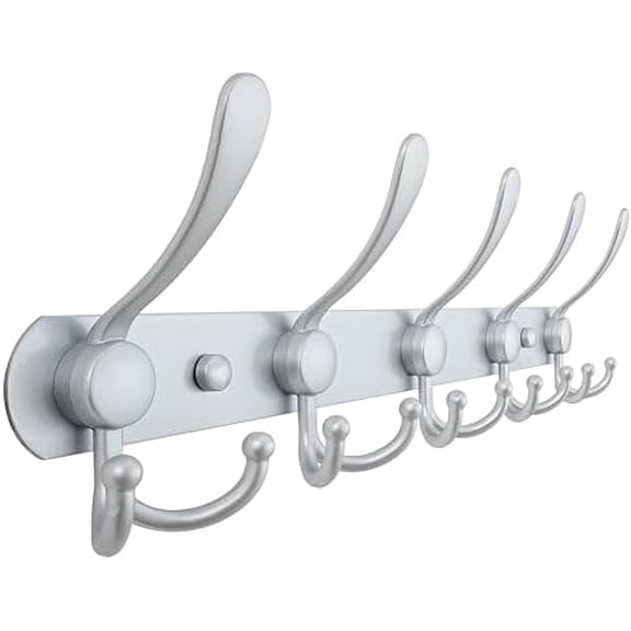 Coat Rack Wall Mounted - 5 Tri Hooks, Heavy Duty, Stainless Steel, Metal Coat Hook Rail for Coat Hat Towel Purse Robes Mudroom Bathroom Entryway, Silver