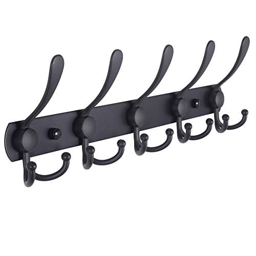 Coat Rack Wall Mounted - 5 Tri Hooks,Heavy Duty,Stainless Steel,Metal Coat Hook Rail for Coat Hat Towel Purse Robes Mudroom Bathroom Entryway,Black