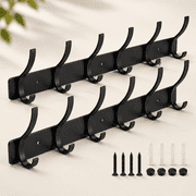 Coat Rack Wall Mounted,6 Coat Hooks for Hanging Coats,Metal Double Hook Rack Hook Rail,Coat Rack with Hooks,Wall Mount Coat Hanger for Hat Towel Purse Robes 2 Pack Black, 6 Hooks