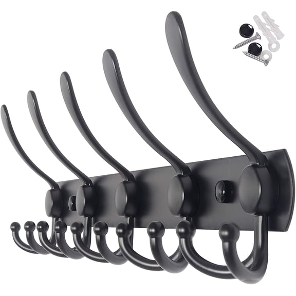 Coat Rack Wall Mounted Black,5 Tri Hooks for Hanging Coats,Wall Coat Hanger,Jacket Hanger,Wall Rack for Clothes,Backpack