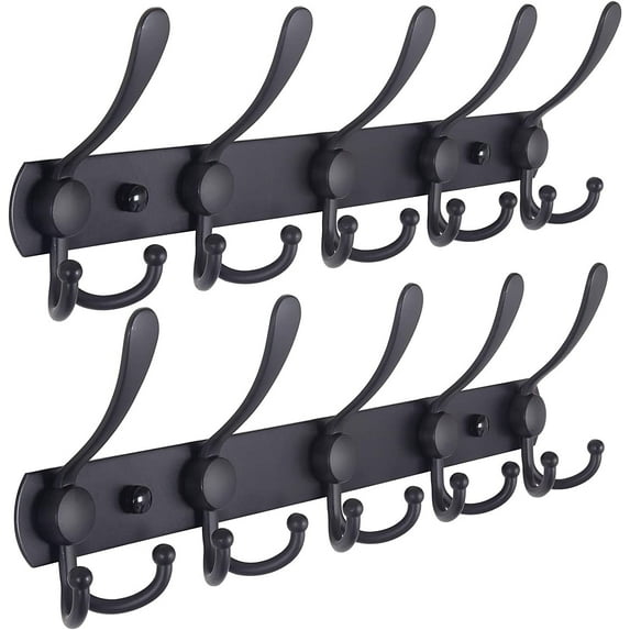 Coat Rack Wall Mounted , Heavy Duty, 5 Tri Hooks,Stainless Steel, Metal Coat Hook Rail for Coat Hat Towel Purse Robes Mudroom Bathroom Entryway (Black, 2 Packs)