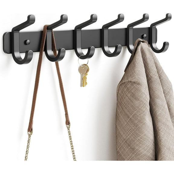 Coat Rack Wall Mounted Heavy-Duty: Metal Coat Hanger 6 Hooks for Hanging Hat, Clothes, Robe, Keys, Backpack, Bathroom Towels, Jacket, Purse - Closet, Door, Entryway, Mudroom (Black, 1 Pack)