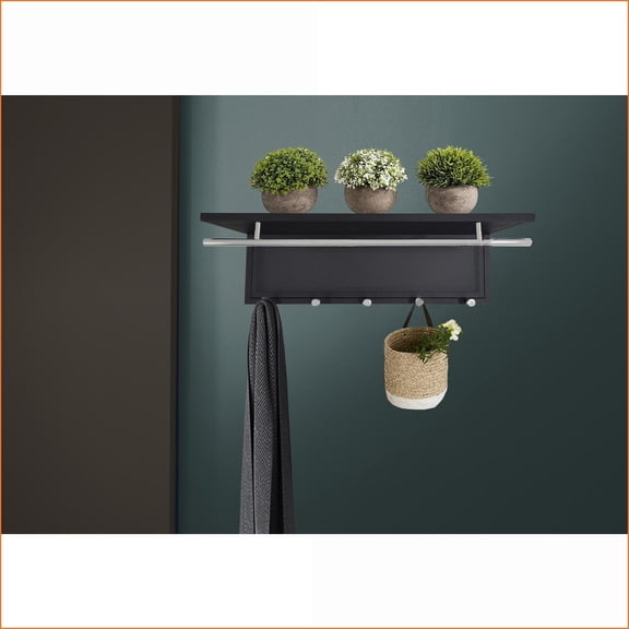 Coat Rack Wall-Mounted Metal with Shelf & 5 Hooks, Modern Black Chrome Finish | Black | Metal