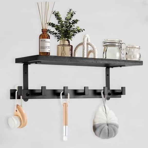 Coat Rack Wall Mounted with Shelf, Heavy Duty Wall Hooks with Wood Shelves Coat Hooks for Hanging Clothes Hats Towel Purse, Entryway Shelves with 6 Hooks for Bathroom Mudroom Bedroom(Black)