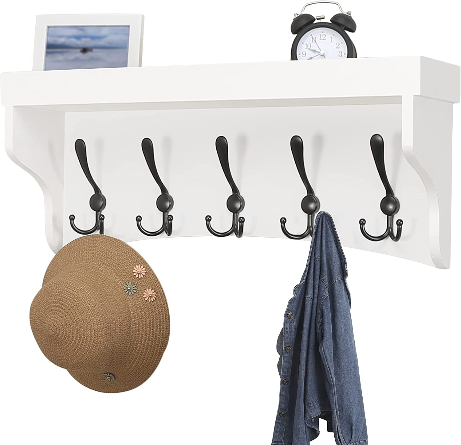 Coat Rack Wall Mounted Shelf with 7 Tri Hooks 35” Heavy Duty Wood