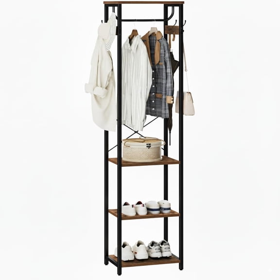 Coat Rack With Hanging Rod, Garment Rack With 3 Wooden Shelves and 4 Hooks, Freestanding Hall Tree, Industrial Clothes Rack Stand Organize