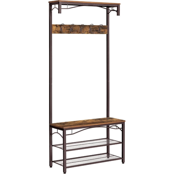 Coat Rack and Storage Bench, Hall Tree with 9 Hooks, Steel Frame