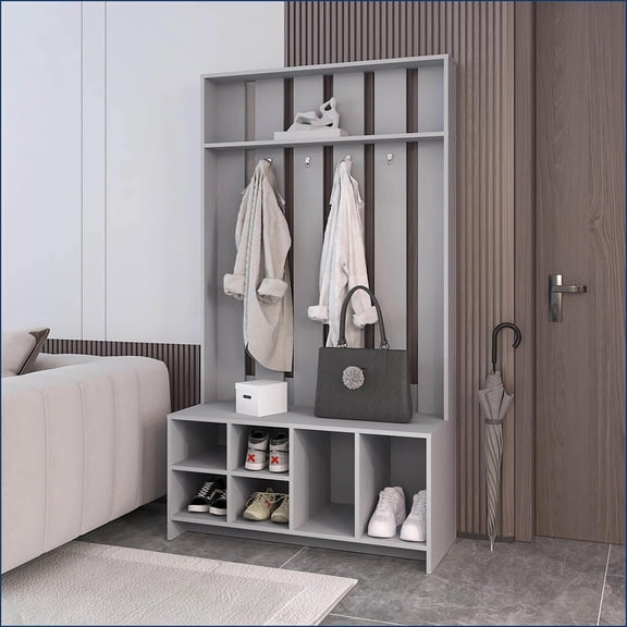 Coat Rack with Bench Seating, Shoe Storage & Smoke Grey Finish | Smoke | Particle Board