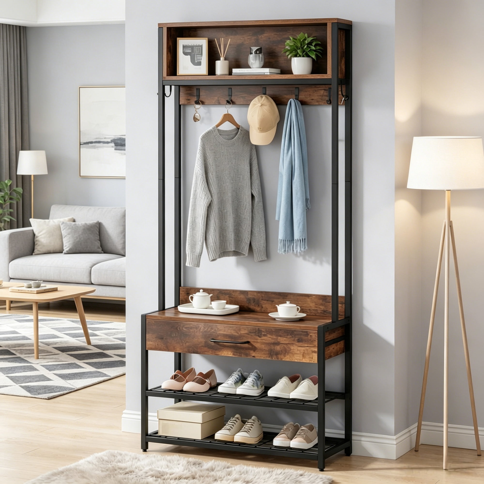 Coat Rack with Bench and Shoe Storage, 36.22 in Hall Tree