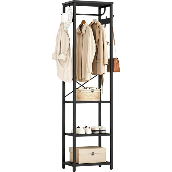 Coat Rack with Hanging Rod, Garment Rack with 3 Wooden Shelves and 4 Hooks, Freestanding Hall Tree, Industrial Clothes Rack Stand Organizer, Black
