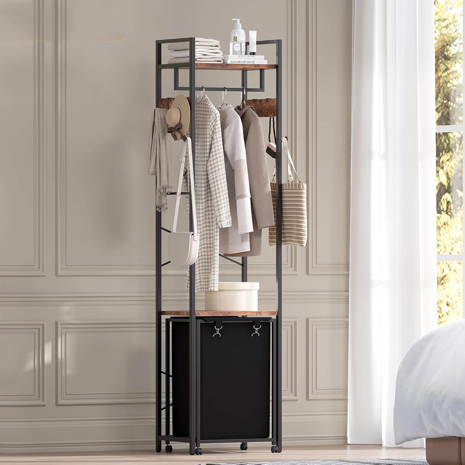 Tree Garment Rack Coat Rack with Laundry Basket, Freestanding Hall Tree, Clothes Rack ...