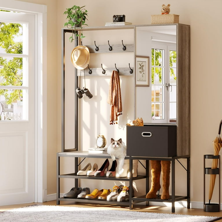Coat Rack with Mirror Cabinet, Industrial Entryway Bench with - Main Image