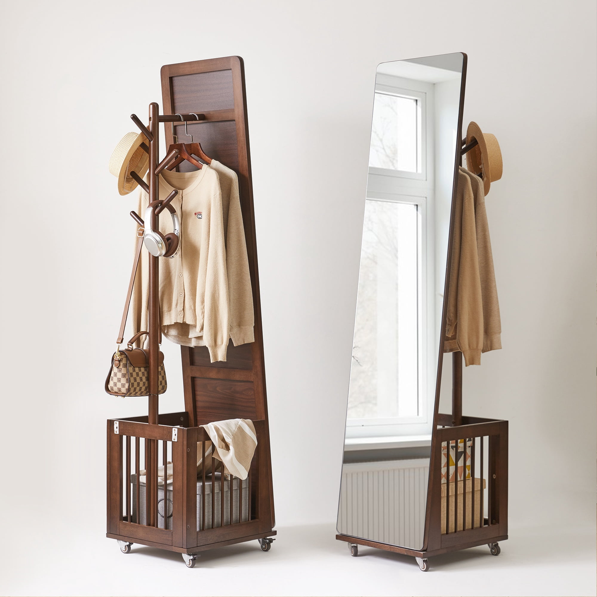 Coat Rack with Rolling Wheels and Storage Basket, Solid Wood Garment Stand and Mobile Clothes Organizer with Mirror for Entryway Hall Closet, Walnut