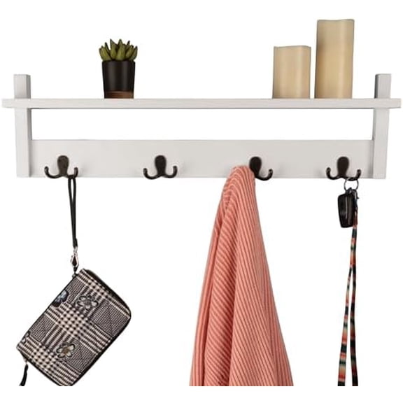 Coat Rack with Shelf - Wall Mount Shelf with 4 Hooks for Purses, Jackets and Keys - Coat Rack for Entryway, Mudroom, or Hallway (White)