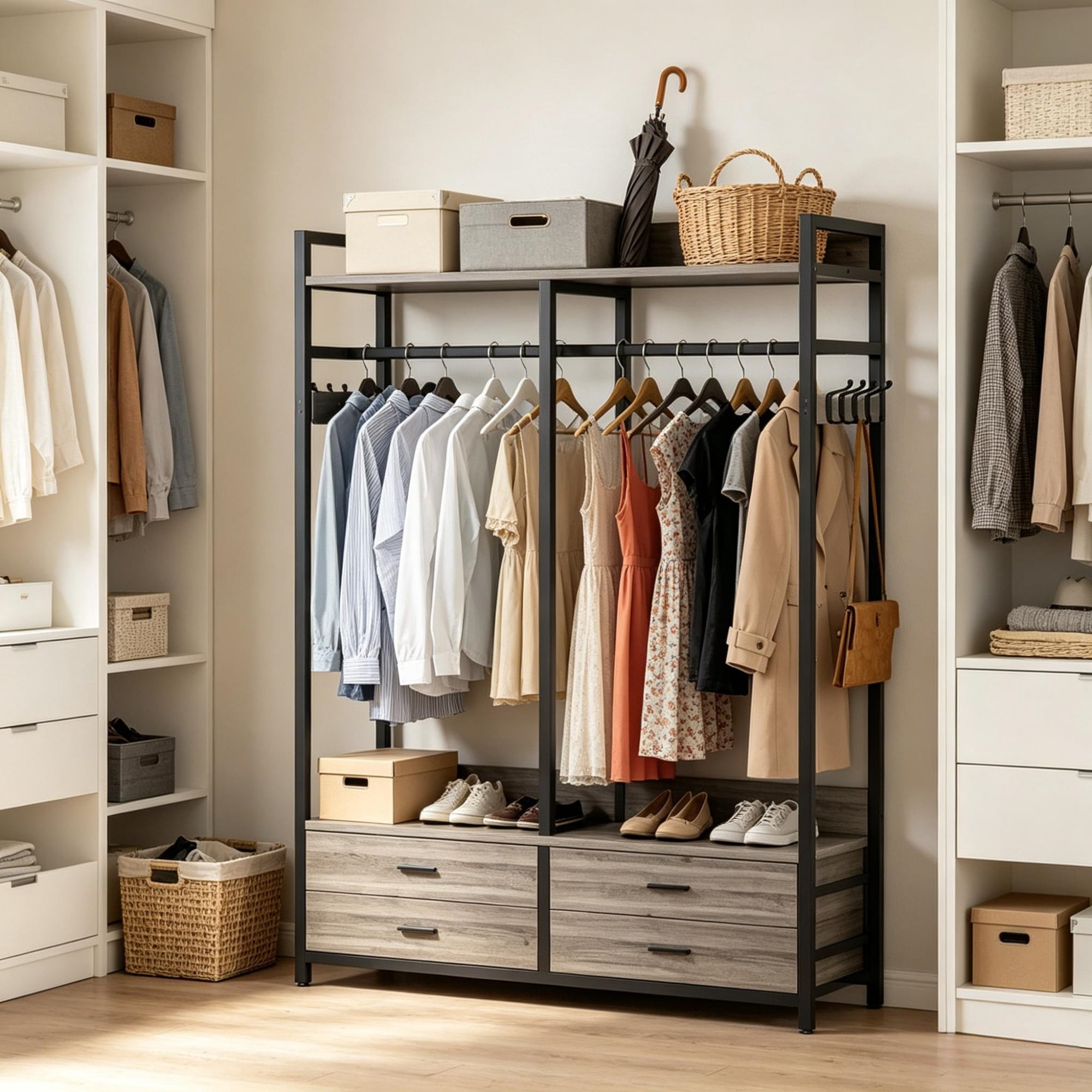 Coat Rack with Shelves, 4 Drawers, and 8 Hooks, 72.83 in
