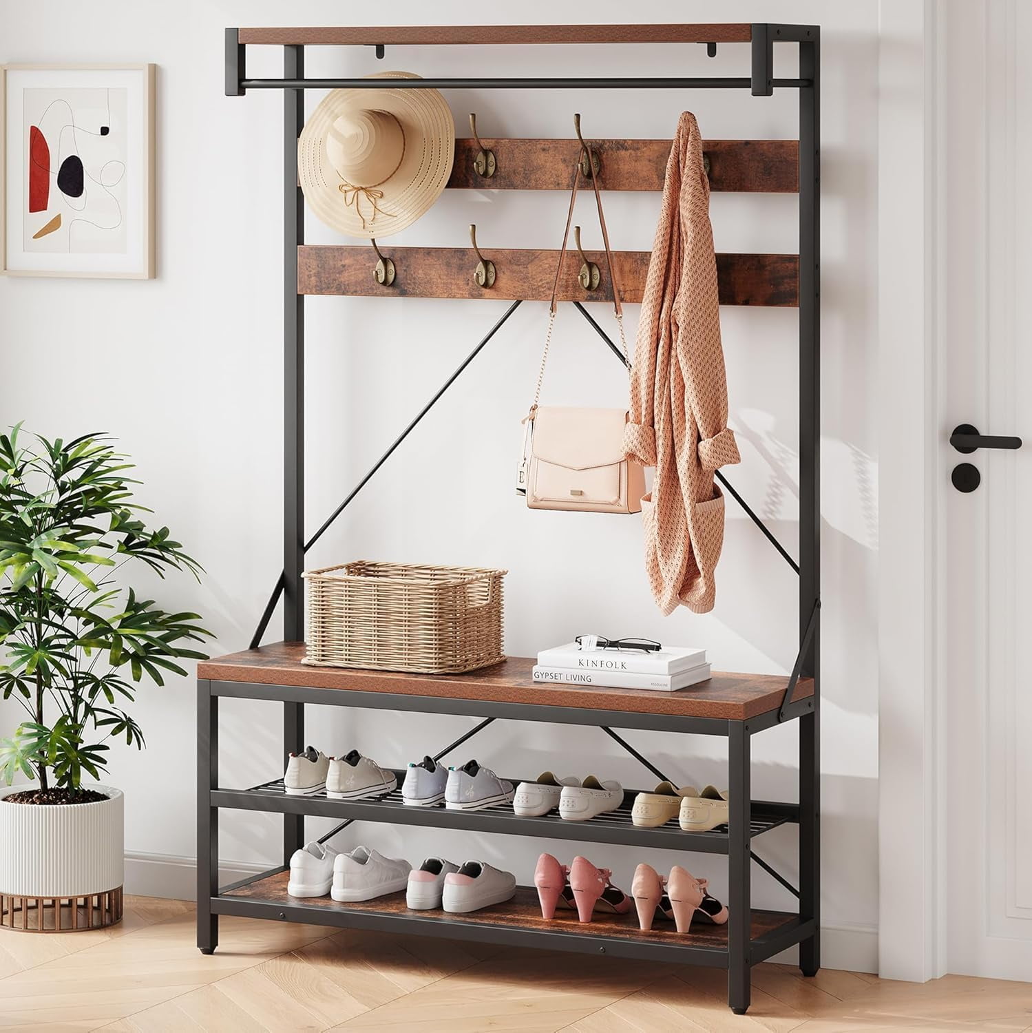 Coat Rack with Shoe Rack & , Hall Tree Storage with 8 Hooks, Large Coat ...