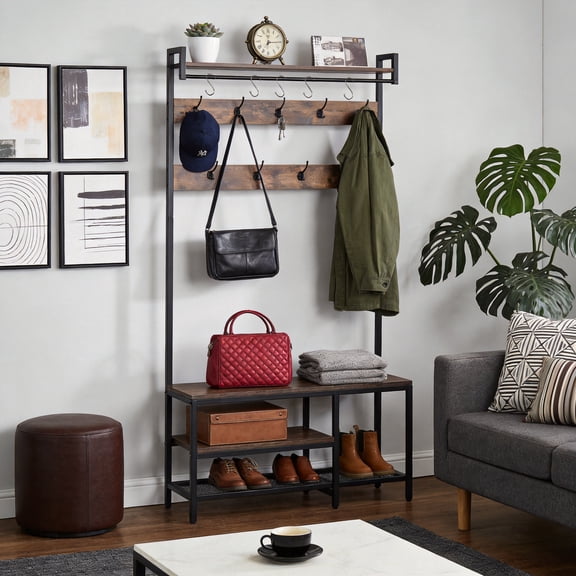 Coat Rack with Shoe Storage, 5-in-1 Entryway Furniture, Hall Tree with Bench and Shoe Storage, Freestanding Coat Rack with 14 Hooks and a Hanging Rod