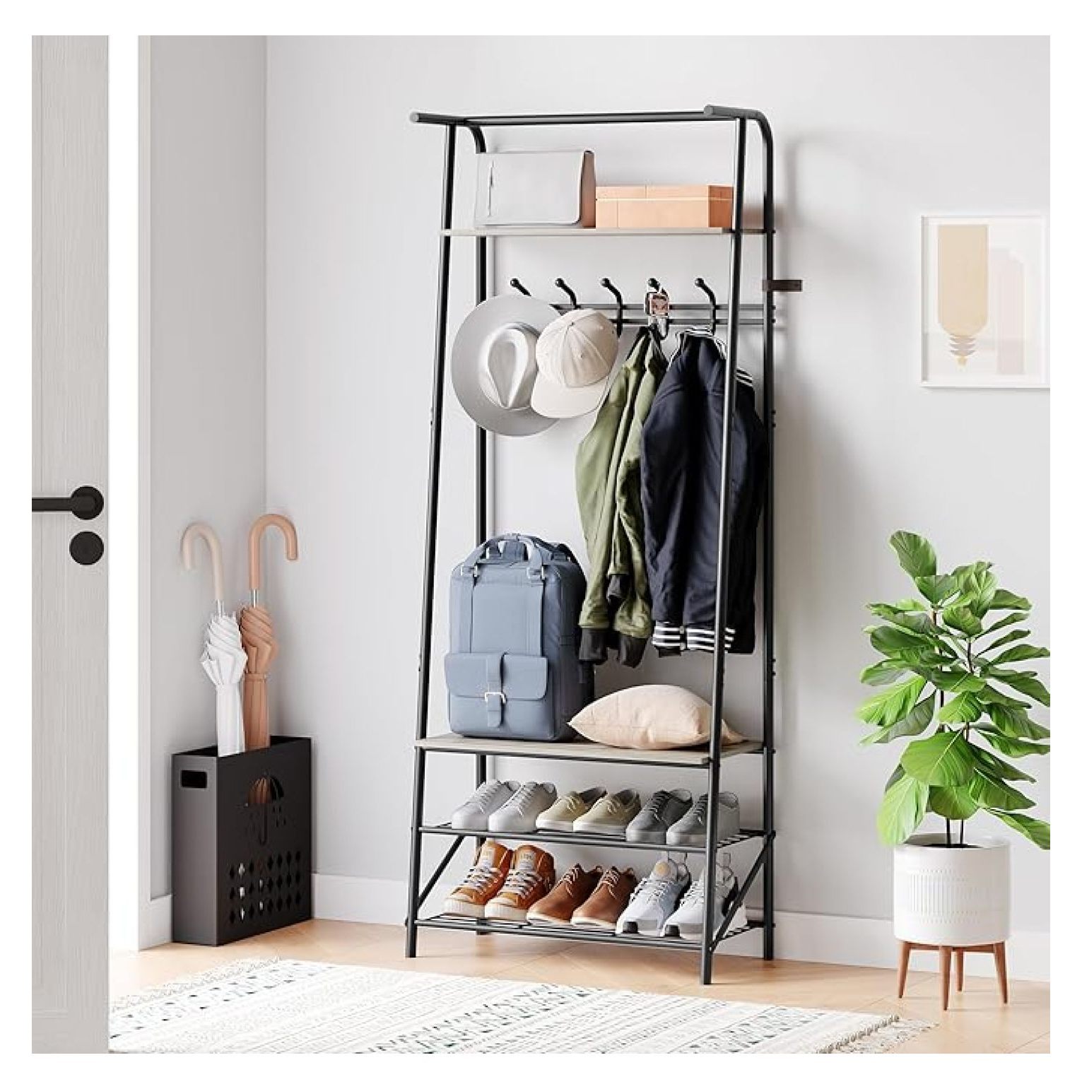 Look At That Rack Coat Rack with Shoe Storage, Hall Tree Entryway - Wood Look, Metal ...
