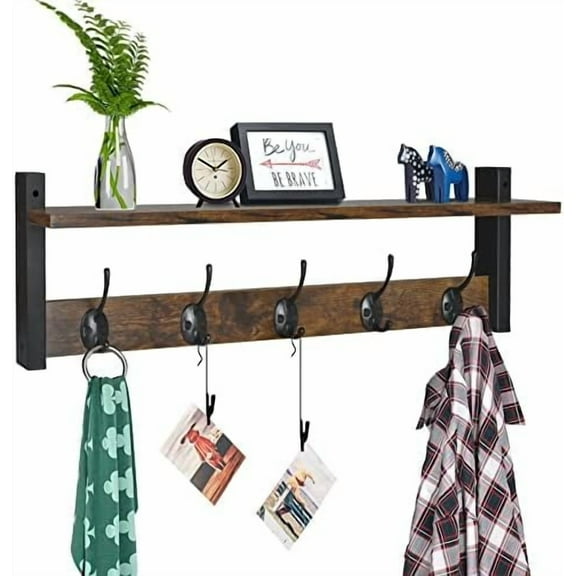 Coat Rack with Wall Mount, 24 Inch Long Entryway Wall Shelf with Hooks, Wood Hanger with Storage Shelf for Bathroom, Hallway, Rustic Brown Black