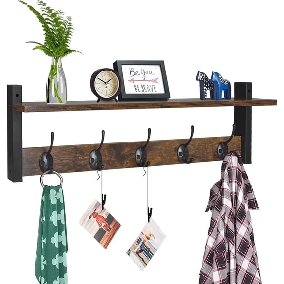 Coat Rack with Wall Mount, 24 Inch Long Entryway Wall Shelf with Hooks, Wood Hanger with Storage Shelf for Bathroom, Hallway, Rustic Brown Black