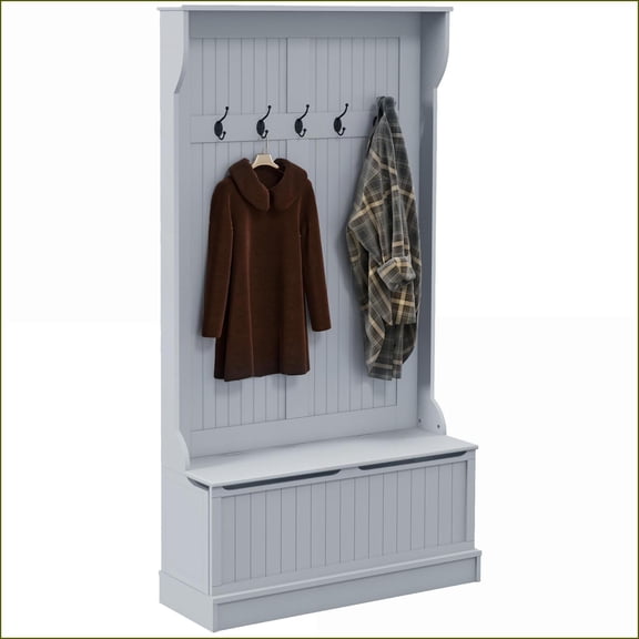Coat Racks 3-in-1 Entryway Hall Tree, 38 Storage Bench with 4 Hooks & Shoe Storage | Gray | Coat Racks
