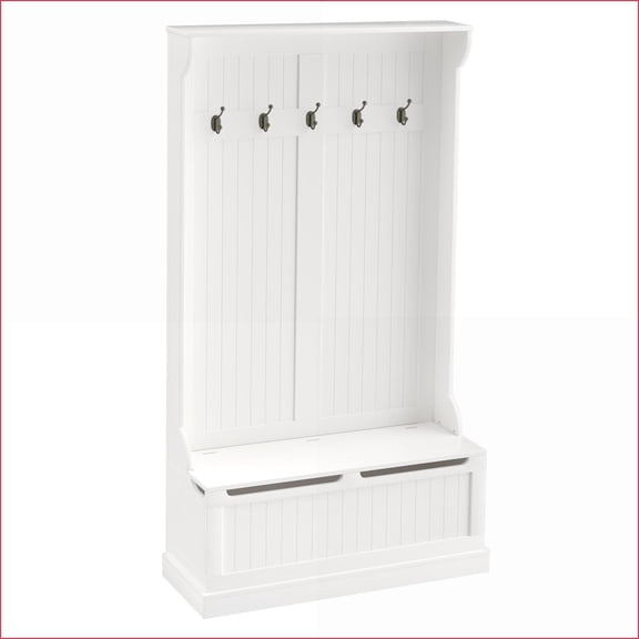 Coat Racks 3-in-1 Entryway Hall Tree with Storage Bench, 4 Hooks & Shoe Storage, White | Cream White | MDF