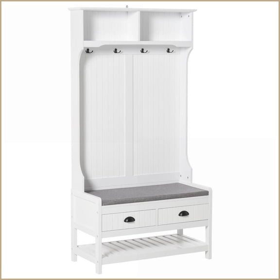 Coat Racks 3-in-1 Hall Tree Entryway Bench with Shoe Rack, 2 Drawers, 4 Hooks & Padded Seat, Modern | White | MDF