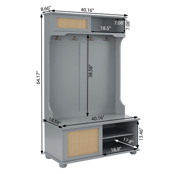 Coat Racks Casual Style Hall Tree Entryway Bench with Rattan Door Shelves and Shoe Cabinets, SOLID WOOD Feet, Gray, 40.16"W*18.58"D*64.17"H,Wooden Coat Racks