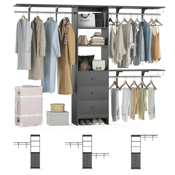 Coat Racks Closet Organizer - High Capacity Wardrobe Rack with 3 Drawers, Shelves & Expandable Hanger Rods, Fits 6-9 ft Spaces, Durable & Stylish - 96" L x 16" W x 75" H, Supports Up to 1000 LBS,Meta