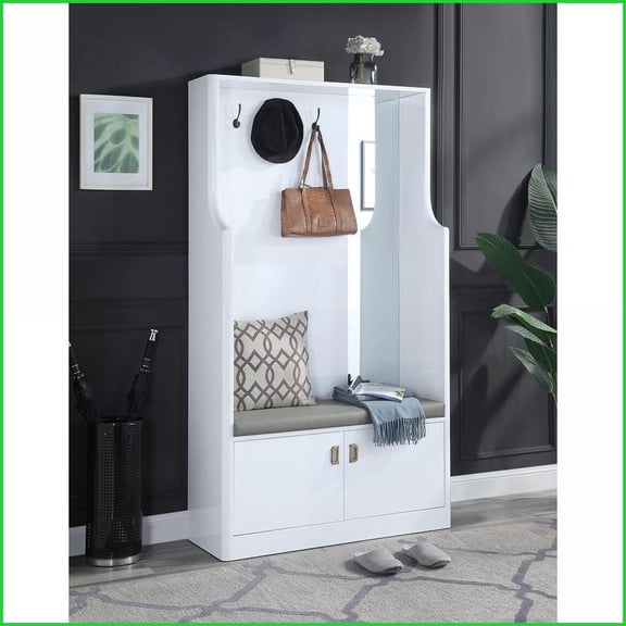 Coat Racks Contemporary White High Gloss Hall Tree with Hooks, Seat & Storage | White | Synthetic Wood,Upholstered