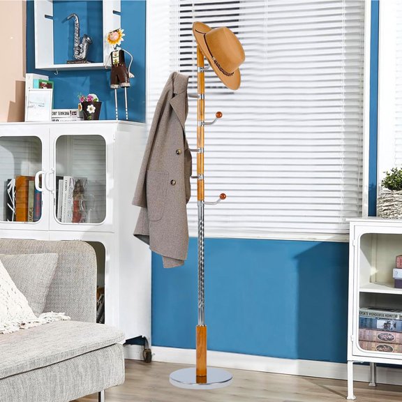 Coat Racks Free Standing with 14 Hooks, Natural Wood Coat Stands for Entryway, Adjustable Height 73 in Tree Coat Rack Stand for Hallway Home Office Bedroom (Swivel Hook)